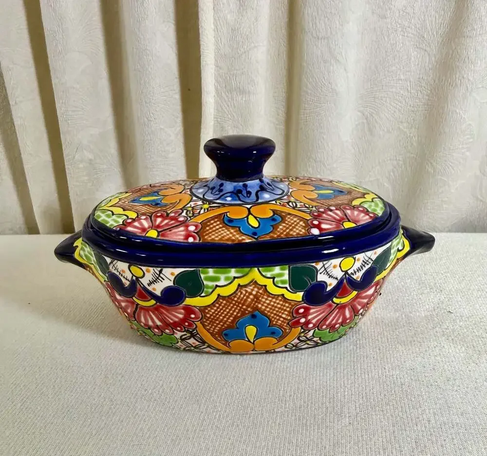 Hand-Painted Mexican Talavera Ceramic Covered Serving Tureen or Tortilla Warmer